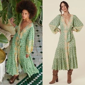 SPELL Collective Green Madame Peacock Belted Maxi Gown